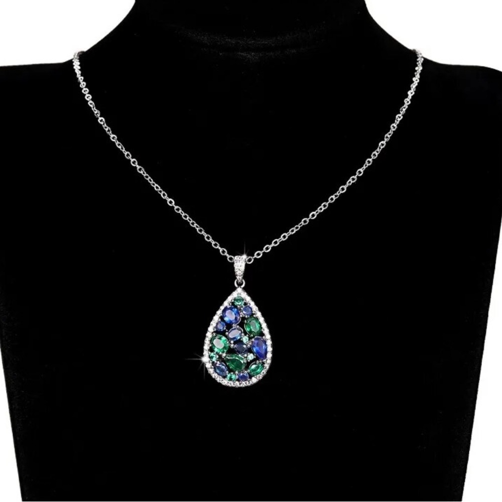 Blue & Green Crystal Teardrop Necklace - Picture 9 of 10